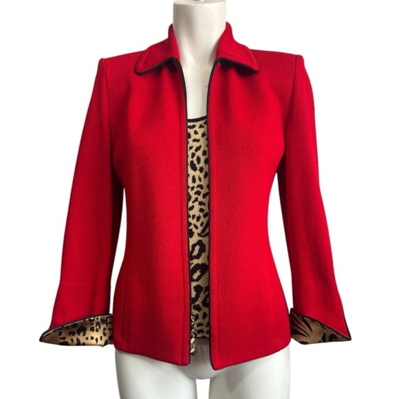 ST JOHN Vintage 2004 Red Wool Knit Zip Jacket with Leopard Shell Set Women’s 2 - Picture 1 of 15